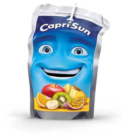 Capri Sun pouch with a smiling face and fruit